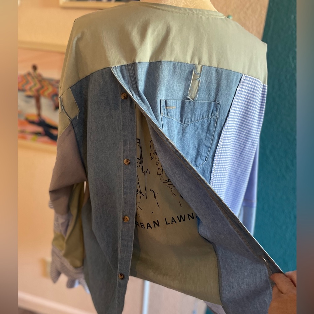 Patchwork Blue Button-Up Shirt - image 5